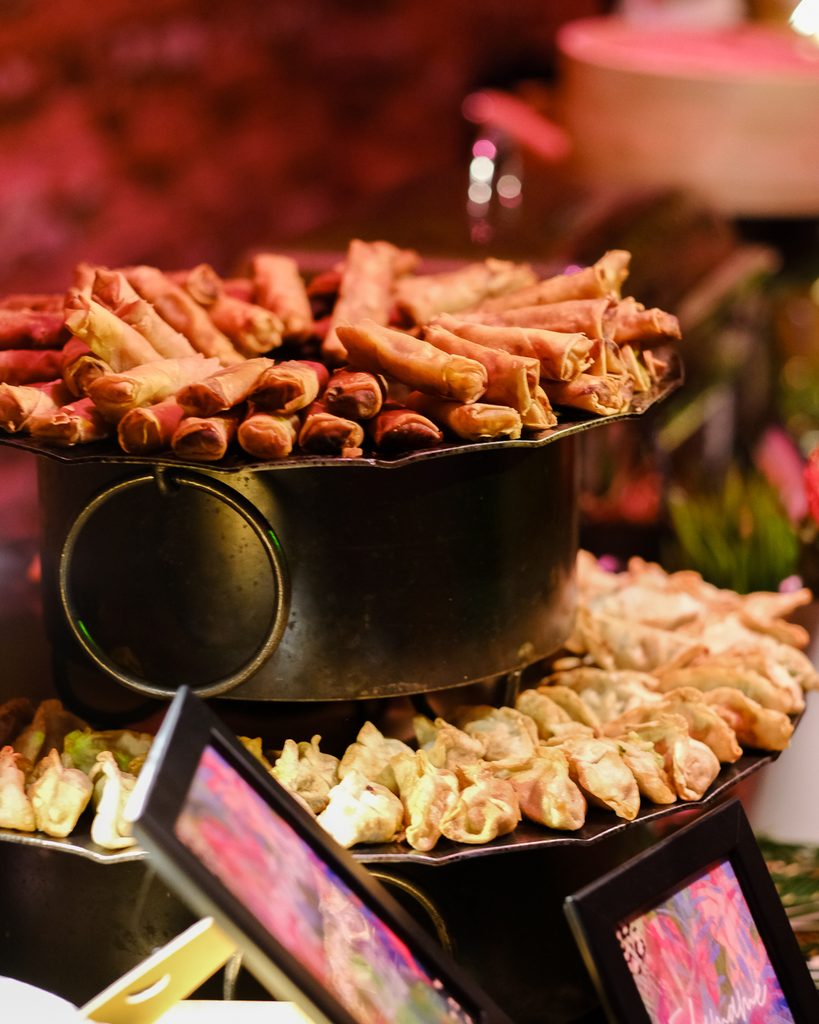 South Pacific culinary station with bamboo steamers at a large event at Armature Works