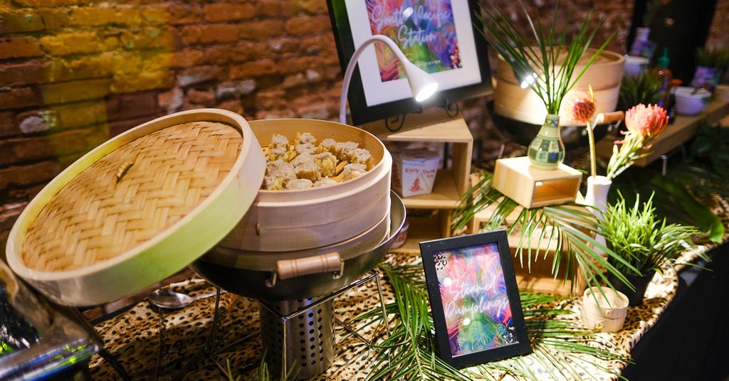 South Pacific culinary station with bamboo steamers at a large event at Armature Works