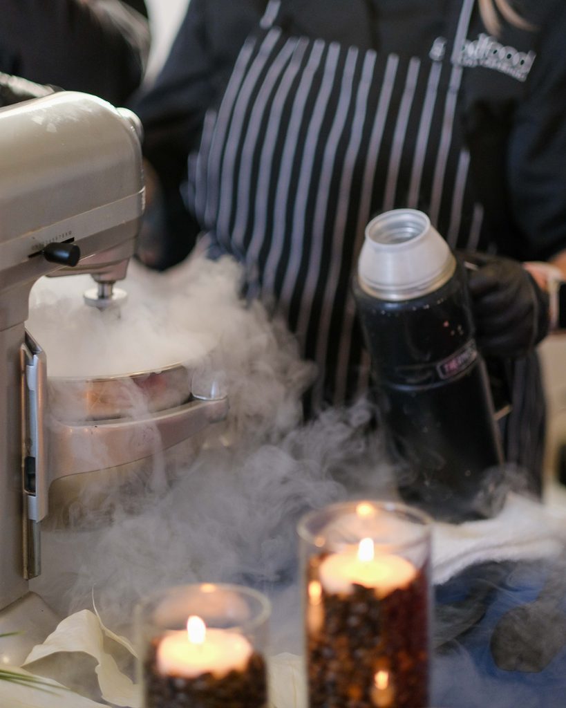 Chef preparing Liquid Nitrogen Ice Cream at a large corporate event, catered by Good Food at Armature Works