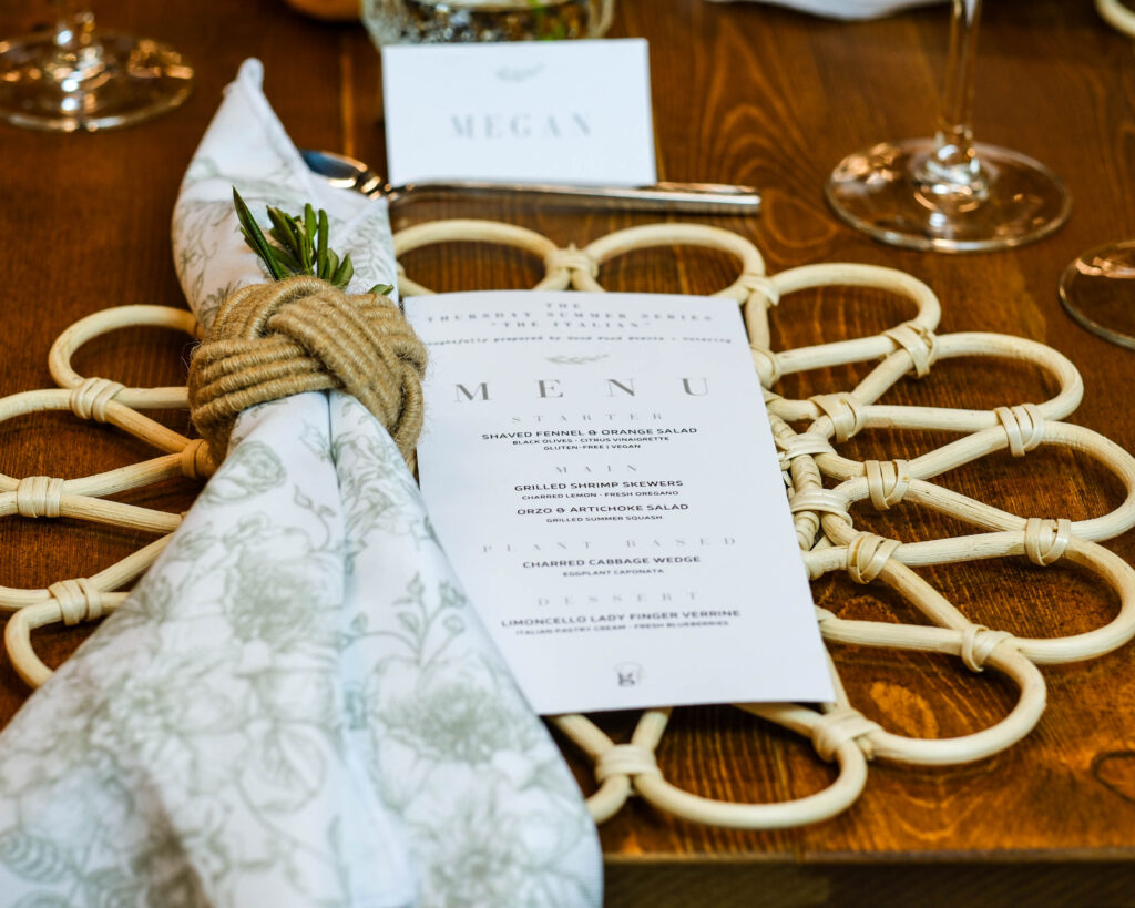 Tasting Table place setting for a nonprofit event planner luncheon at Good Food Events + Catering